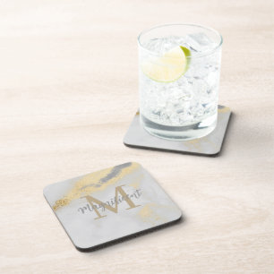 Monogram Gold and Grey Marble Coaster