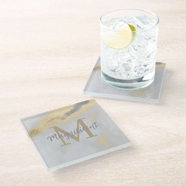 Monogram Gold and Grey Marble Glass Coaster (Angled)