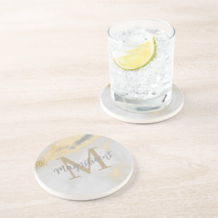 Monogram Gold and Grey Marble Square Coaster