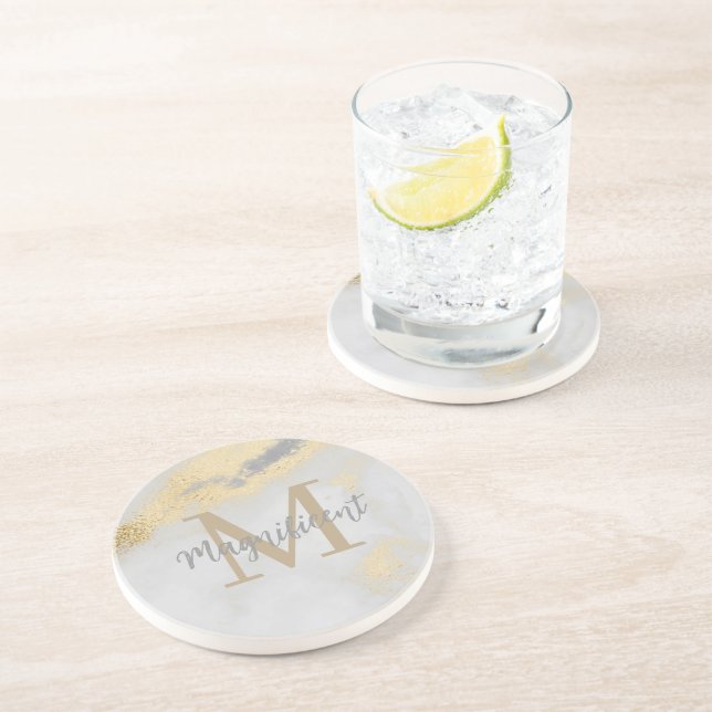 Monogram Gold and Grey Marble Square Coaster (Side)