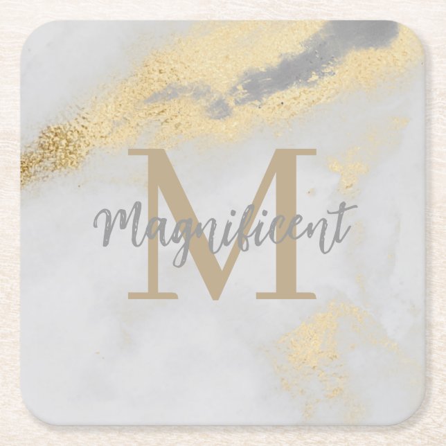 Monogram Gold and Grey Marble Square Paper Coaster (Front)