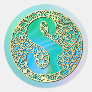 Monogram Gold and Turquoise S and Colorful Flowers Classic Round Sticker