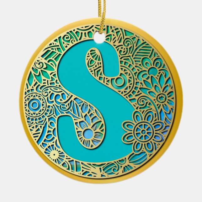 Monogram Gold and Turquoise S and Colourful Flower Ceramic Tree Decoration (Front)