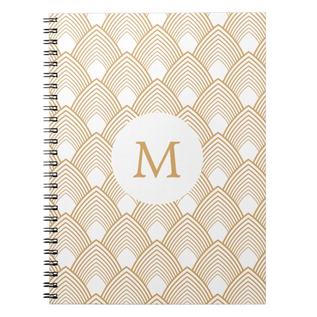 Monogram Gold and White Art Deco Pattern Notebook (Front)