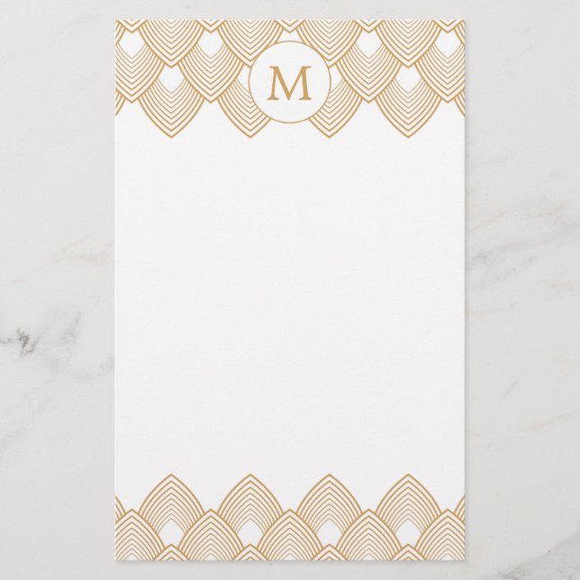 Monogram Gold and White Art Deco Pattern Stationery (Front)