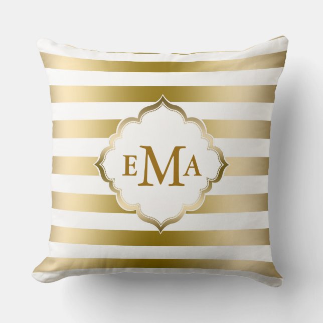 Monogram Gold And White Stripes Geometric Pattern Cushion (Front)