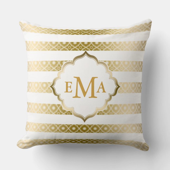 Monogram Gold And White Stripes & Quatrefoil Cushion (Front)