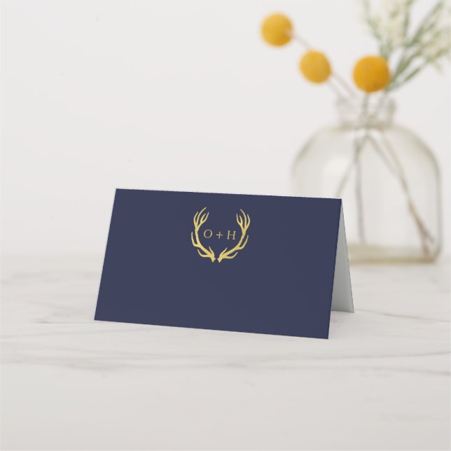 Monogram Gold Antlers | Wedding Folded Place Cards (Front)