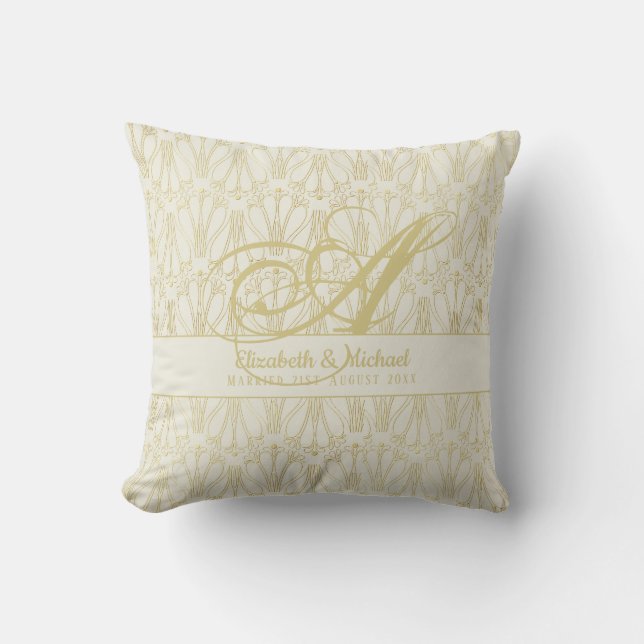 Monogram Gold ArtDeco Newlyweds Wedding Elegant Cushion (Front)
