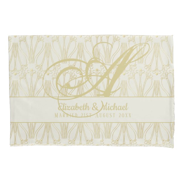 Monogram Gold ArtDeco Newlyweds Wedding Elegant Pillowcase (Front)