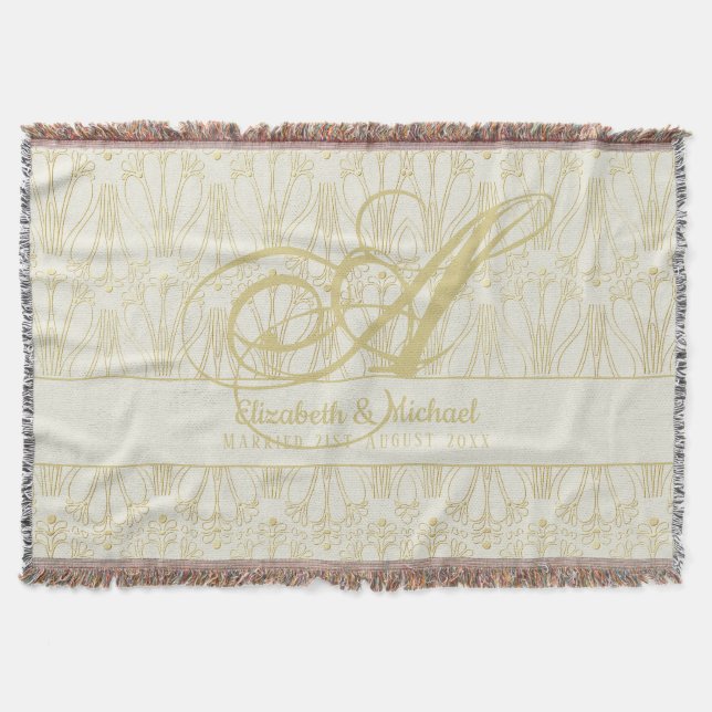 Monogram Gold ArtDeco Newlyweds Wedding  Elegant Throw Blanket (Front)