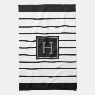 Monogram Gold Black and White Striped Tea Towel