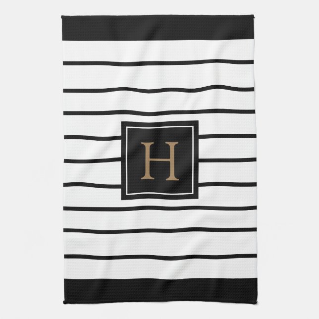 Monogram Gold Black and White Striped Tea Towel (Vertical)