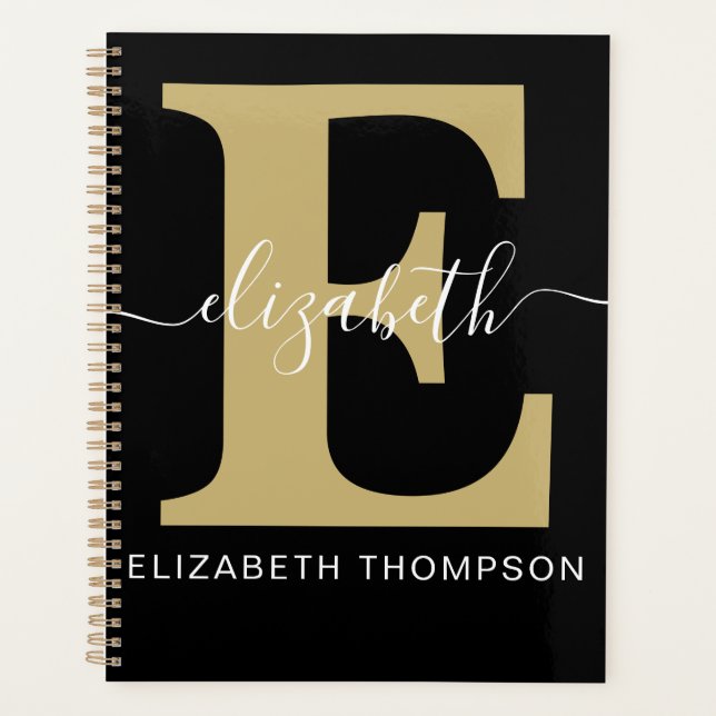 Monogram Gold Black Customised Script Name Initial Planner (Front)