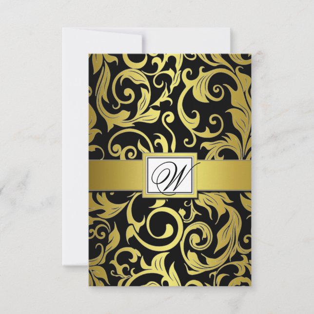 Monogram Gold & Black Damask Wedding RSVP Cards (Front)