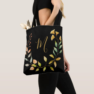 Monogram Gold Black Foliage Watercolor Tote Bag