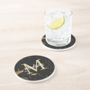 Monogram Gold Black Marble Coaster