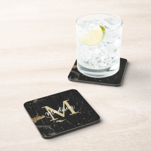 Monogram Gold Black Marble Coaster