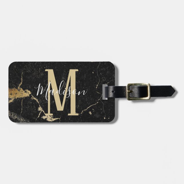 Monogram Gold Black Marble Luggage Tag (Front Horizontal)