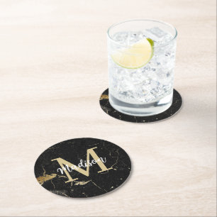 Monogram Gold Black Marble Round Paper Coaster