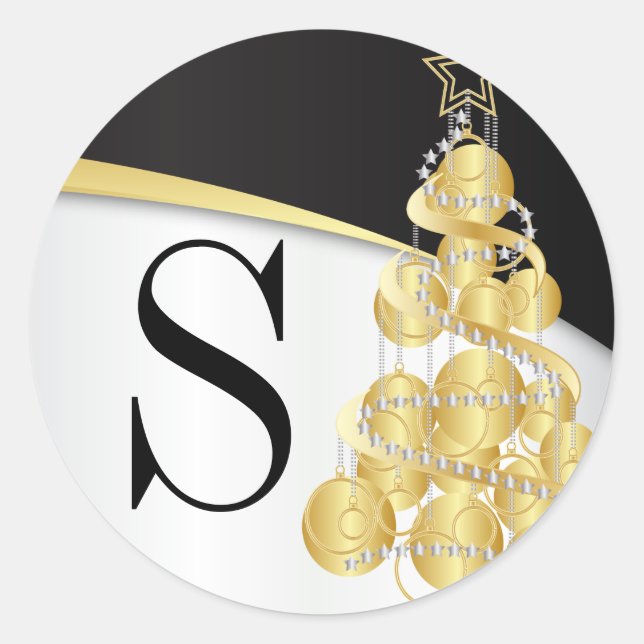 Monogram Gold & Black Merry Christmas Classic Round Sticker (Front)