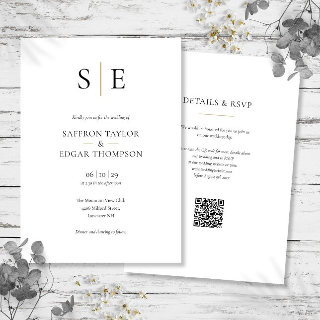 Monogram Gold Black QR Code Wedding Invitation (Monogram Gold Black QR Code Wedding Invitation)