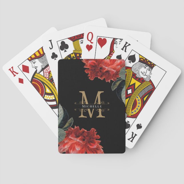 Monogram Gold Black Red Floral Elegant Custom Playing Cards (Back)