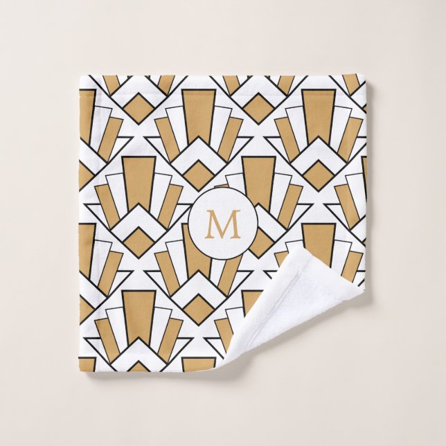 Monogram Gold, Black, White Art Deco Fan Flower Bath Towel Set (Wash Cloth)
