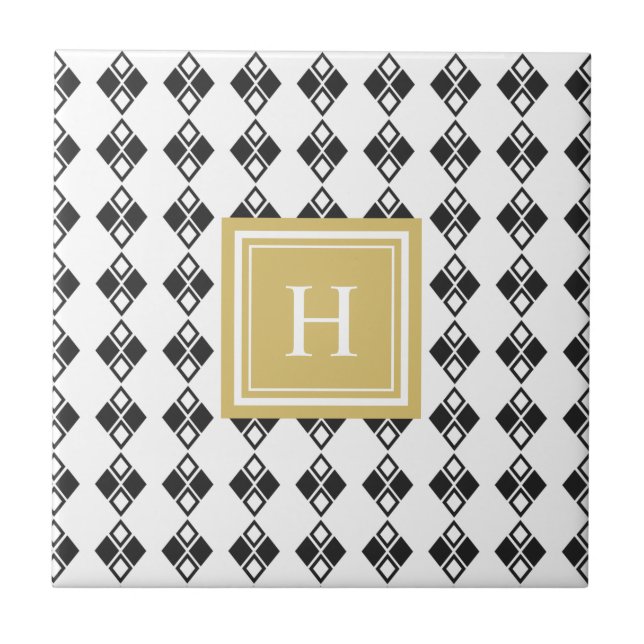 Monogram gold black white harlequin pattern tile (Front)