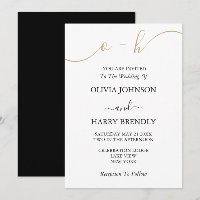 Monogram Gold Black White Wedding Invitation (Front/Back)