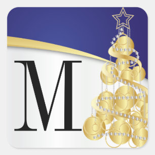 Monogram Gold & Blue Merry Christmas Square Sticker