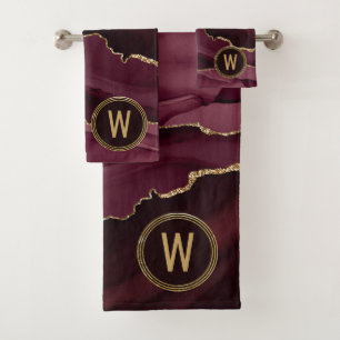 Monogram Gold Burgundy Agate Bath Towel Set