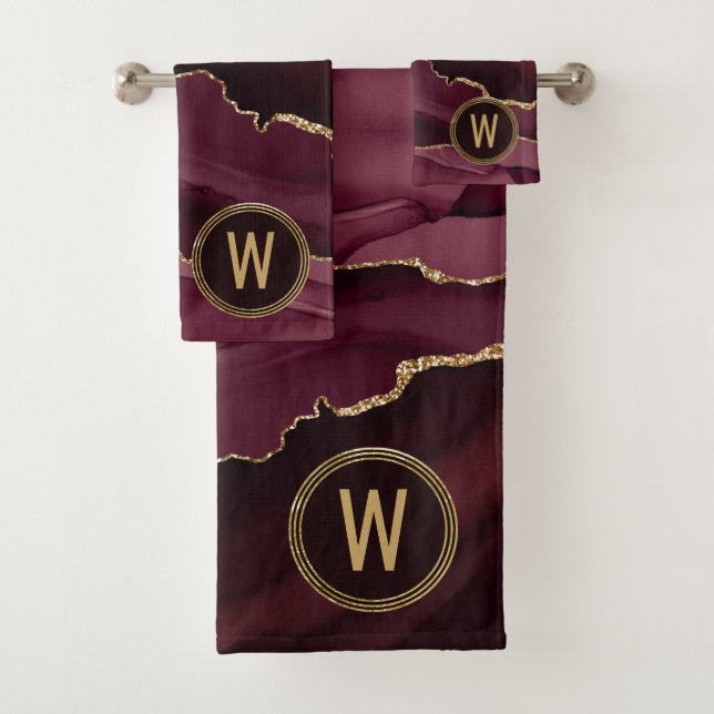 Monogram Gold Burgundy Agate Bath Towel Set (Insitu)
