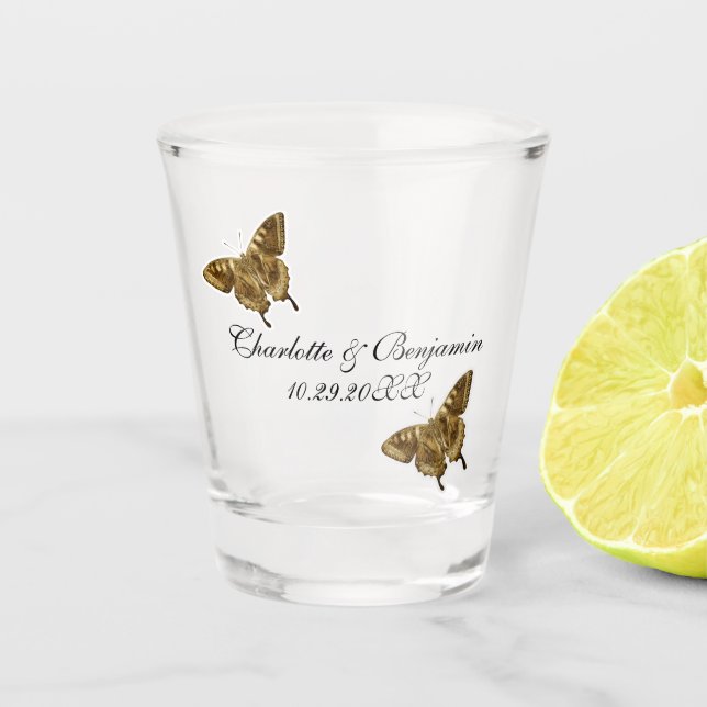 Monogram Gold Butterfly Wedding Favours Shot Glass (Front)