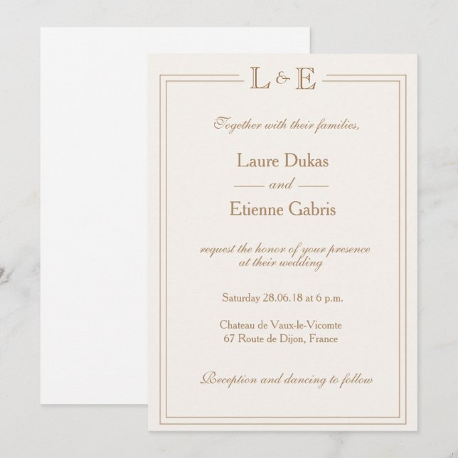 Monogram gold champagne white chic modern wedding invitation (Front/Back)