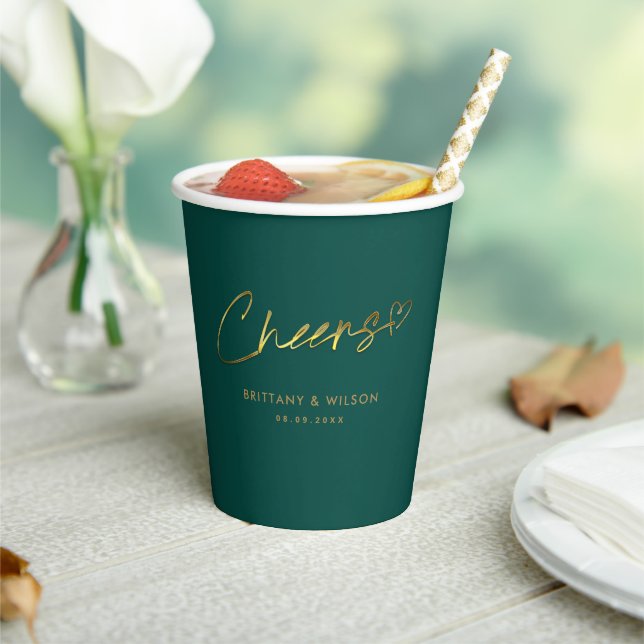 Monogram Gold Cheers | Emerald Green Wedding Paper Cups (Insitu)
