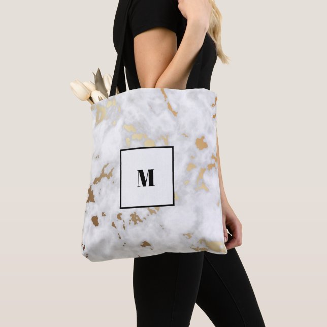 Monogram Gold Classy Marble design Tote Bag (Close Up)