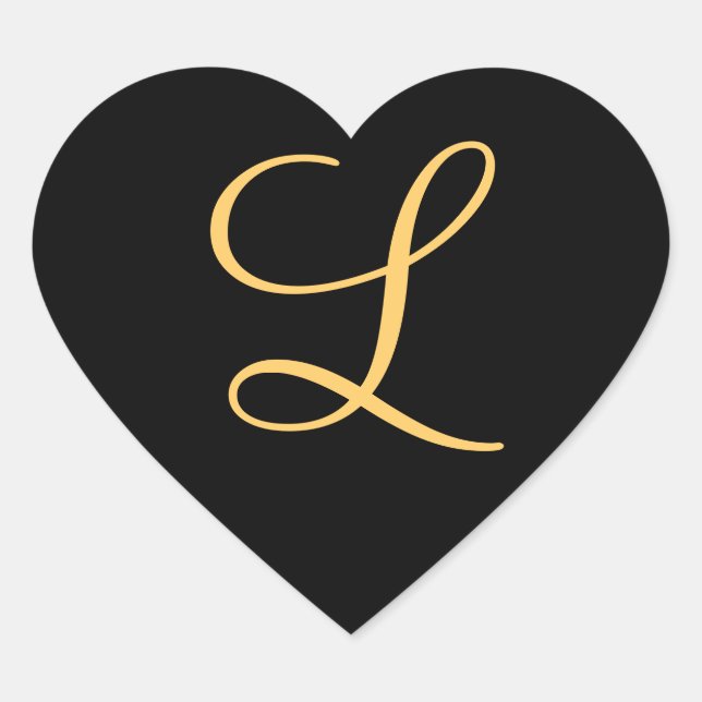 Monogram , gold coloured initial L on black, Heart Sticker (Front)