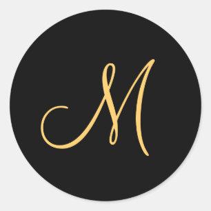 Monogram , gold coloured initial M on black, Classic Round Sticker