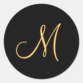 Monogram , gold coloured initial M on black, Classic Round Sticker