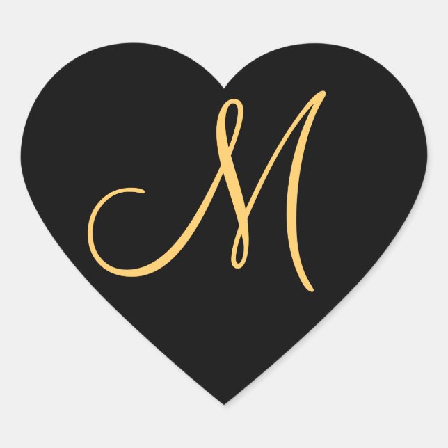 Monogram , gold coloured initial M on black Heart Sticker (Front)