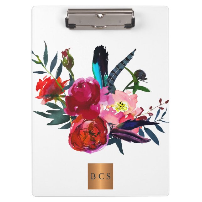 Monogram gold copper metallic pink blush floral clipboard (Front)