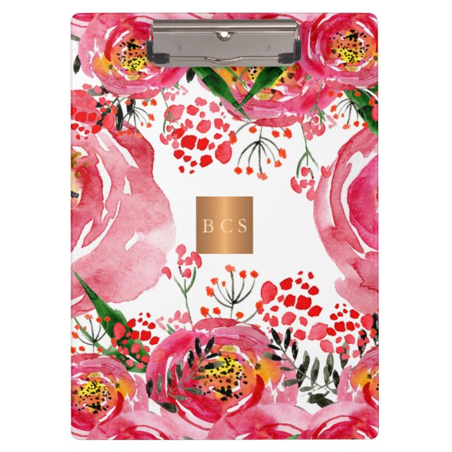 Monogram gold copper metallic pink white floral clipboard (Front)