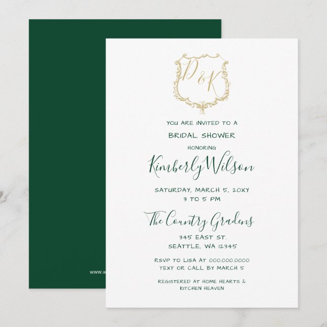 Monogram Gold Crest and Forest Green Bridal Shower Invitation (Front/Back)