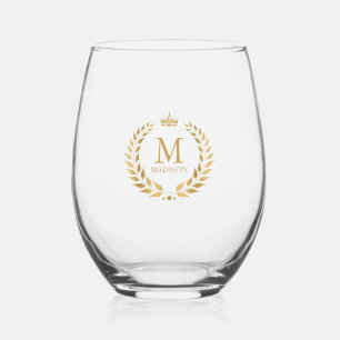 Monogram Gold Crown Laurel Wreath Stemless Wine Glass