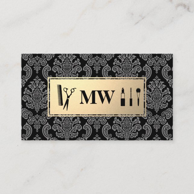 Monogram Gold Damask Pattern Appointment Card (Front)
