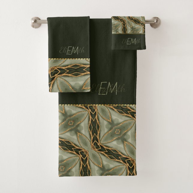 Monogram Gold Dark Green Stylish Modern  Bath Towel Set (Insitu)