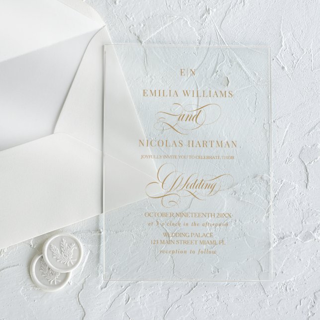 Monogram Gold Elegant Calligraphy Wedding Acrylic Invitations (Creator Uploaded)