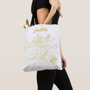 Monogram Gold Filigree Flower & Ivy on White Tote Bag