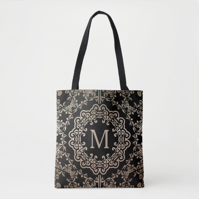 Monogram Gold Filigree Motif Tote Bag (Front)